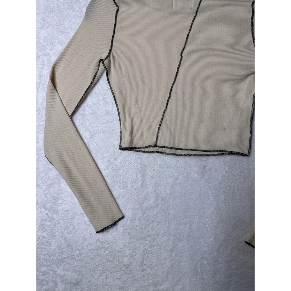 Princess Polly Crop Top Womens 4 Waffle Knit Off White Long Sleeve Black Trim - Picture 11 of 12